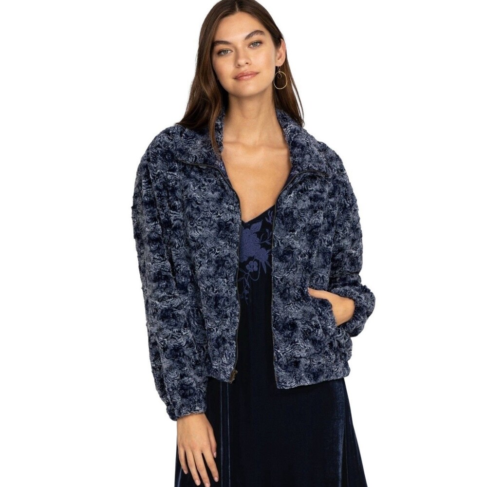 Johnny Was Workshop Blue Cropped Faux Fur Jacket Medium NWOT $388 Msrp